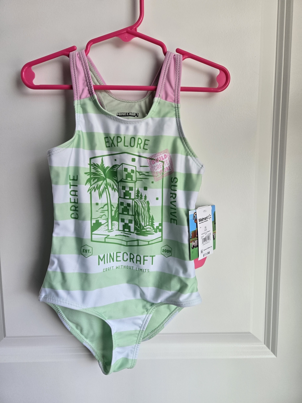 Minecraft Girls' Green & White Stripe One-Piece Swimsuit Size 4/5